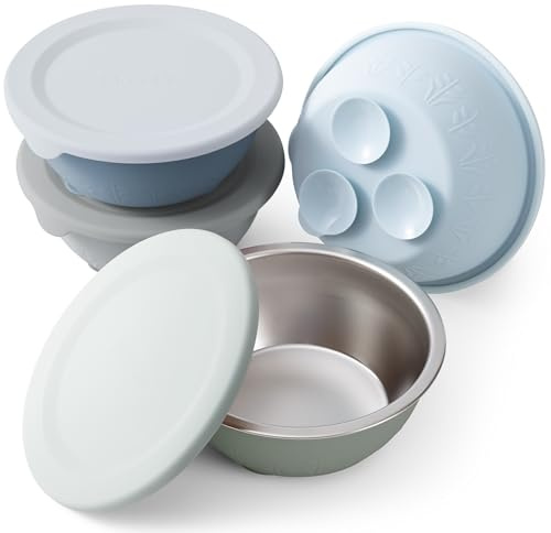 Moonkie babyskålar i rostfritt stål med silikonlock och sugkopp, rostfria skålar för barn med silikonfodral, diskmaskinssäkra (isblå/salvia-grön/stengrå/dimgrå)