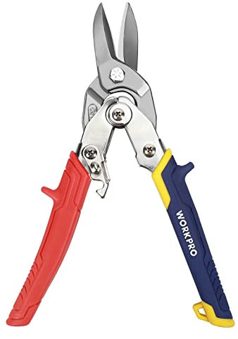 WORKPRO Tijera de Aviación, Tijeras de Hojalata de Corte recto 250mm, Tijeras de Corte de Metal con Pestillo de Seguridad y Anillo para Colgar, de Acero Cr-V y Mango Antideslizante