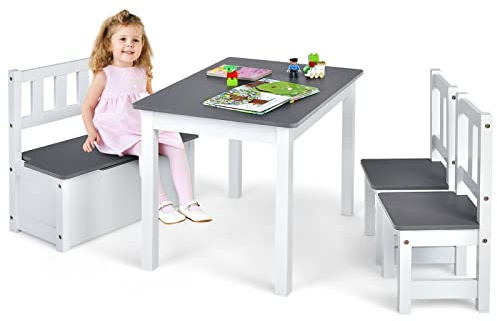 GOPLUS Table Enfant avec 2 Chaises et 1 Banc de Rangment, Table d'Activités Enfant avec Pied en Bois de Pin pour Jouer, Dessiner, Lire, Manger, pour 3+ Ans (Gris)