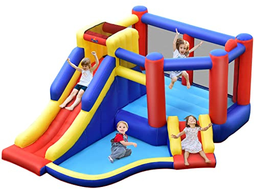 COSTWAY Castillo Inflable, Casa Inflable Gigante con Tobogán Largo, Piscina con Pelotas, Pared para Escalar, Aro de Baloncesto, Centro Actividad, Ideal para Patio y Fiestas