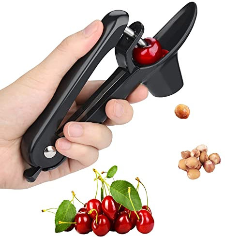 Cherry Pitter, Heavy-Duty Stainless Steel Olive and Cherry Pitters Corer Tool with Space-Saving Lock Design, Multi-Function Cherries Stoner Seed Remover Tool for Making Cherry Jam (Black)