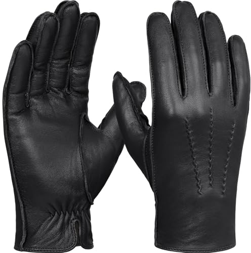 GSG SINCE 1998 Guantes Piel Hombre de Cuero – Piel de Oveja Sin Cromo, Compatibles con Pantalla Táctil, Forro de Lana, Guantes de Invierno Cálidos para Conducir, Negro L