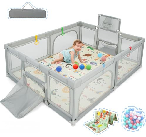 LIFEZEAL Baby Laufstall Faltbar, Laufgitter mit 50 Spielbällen & Matratze, Krabbelgitter Aktivitätszentrum für Kinder, mit Tragetasche (188 x 157 x 69 cm, Hellgrau)