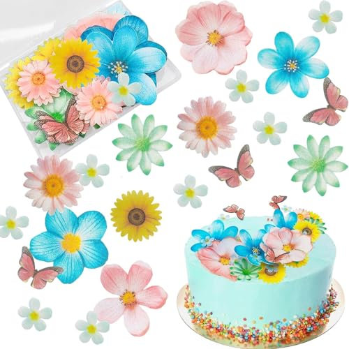 Morofme 55pcs Edible Flower Cake Topper, Flower Butterfly Cupcake Toppers, Colorful Wafer Paper Flower Cake Decorations for Wedding Birthday Baby Shower Party Supplies Food Decoration