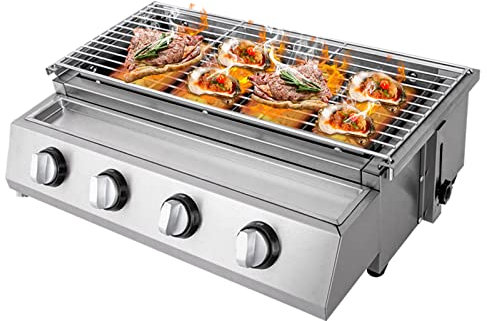 Edelstahl Gasgrill, 4 Brenner BBQ Bräter, Gastrobräter Abnehmbarer Grill Höhenverstellbar für Camping Balkon Garten