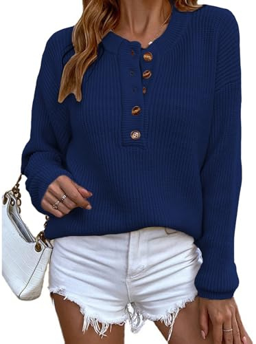 LUVCES Pull Femme Chic Chaud Mode Col en V Bouton Pullover Hauts Couleur Unie épaules Tombantes Ample Pull Femme Hiver Pull Tricoté Bleu Royal XL