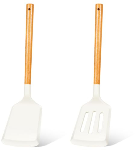 KLAQQED 2Pcs Silicone Spatula Set Turner Heat Resistant for Nonstick Cookware Rubber Wok Turner with Wood Handle, Plastic Spatula Silicone for Cooking Use Kitchen Utensils Set White