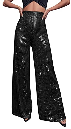 Fiacafyo Womens Sexy Sparkly Sequin Pants Elastic High Waist Straight Wide Leg Glitter Palazzo Pants Y2K Streetwear Clubwear (A-Black, M)