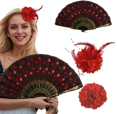 Axvxby Lot de 3 pinces à cheveux de style chinois - Grande pince à cheveux pivoine rouge + coiffe à plumes rouges + éventails chinois noirs et rouges avec fleurs pour cheveux de femme