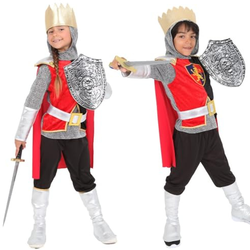 RUBIE'S Costume da cavaliere – Taglia 5 – 7 anni – Costume molto completo con top, pantaloni, spada e scudo, corona e scarpe – Costume perfetto per carnevale, compleanno