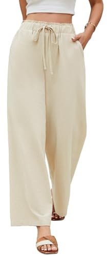 UMIPUBO Women's Cotton Wide Leg Trousers Summer Palazzo Pants Elasticated Waist with Pockets Ladies Pull On Casual Loose Fit Full Length Ladies Work Lounge (Beige, XXL)