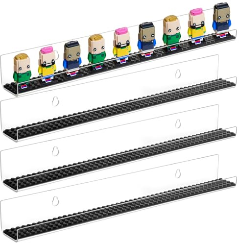 4PCS Minifigure Display Case Holds Up to 96 Figures, Clear Acrylic Floating Shelf Display with Brick Building Baseplates and No-Punch Sticker, Figure Display Cabinet Wall Mount, Minifig Organizer
