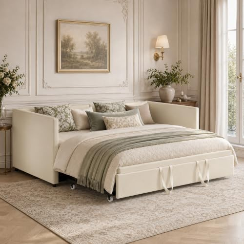 Bäddsoffa, 90/180 x 200 cm, konvertibel dubbelsäng, bäddsoffa, bäddsoffa, bäddsoffa, bäddsoffa, bäddsoffa, sammetstyg, beige (utan madrass) (beige)