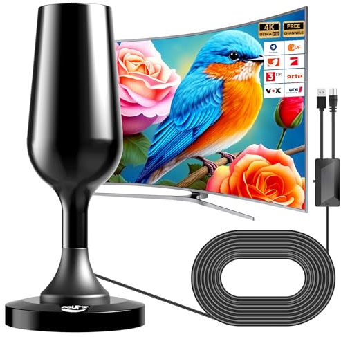 DGUPSP Antenne TV intérieure numérique terrestre 2025, antenne de télévision externe portable avec amplifié puissant, prend en charge 4K, 1080p, VHF, UHF, DVB-T/DVB-T2 - Noir