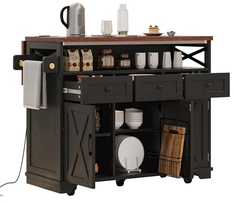 46.5 in Rolling Kitchen Island Cart with Storage & Power Outlet, Black | Farmhouse Mobile Storage Cabinet, Drop Leaf Countertop, Glass Doors, 3 Drawers, Spice & Towel Rack, Lockable Wheels