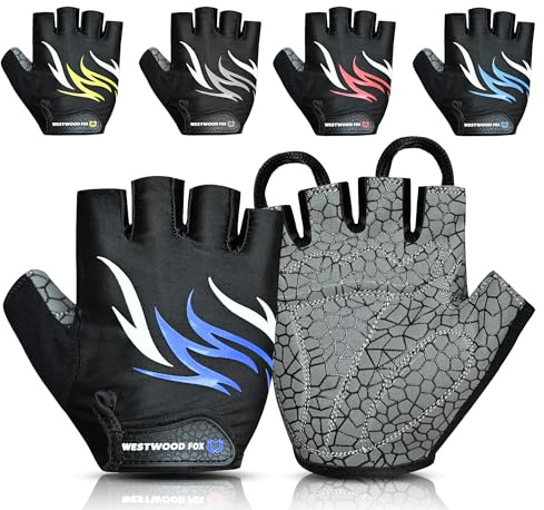 WESTWOOD FOX Cykelhandskar för män kvinnor - halkfria vadderade cykelhandskar med halvfinger, andningsbara, lätta, stötdämpande handflategrepp, bekväma MTB BMX Road Riding-handskar (Blue, L)