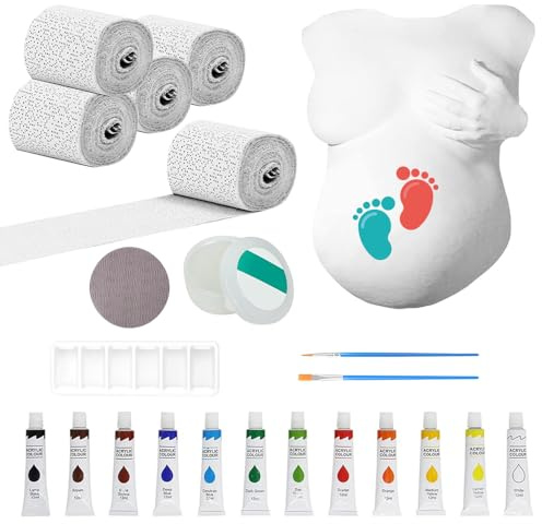 Nzkeuf Kit Calco Pancia Gravidanza, Calco Gesso Per Pancione in Dolce Attesa, Set Bande Gessate Pennelli e 12 Colori Acrilici e Molto Altro Ancora Incluse, Regali Per la Gravidanza, Souvenir