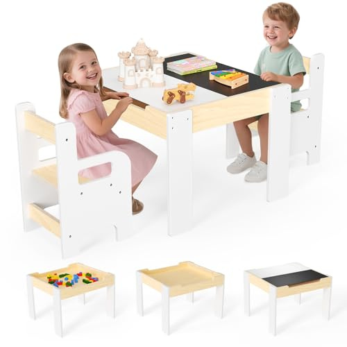 Juego de Mesa Infantil Multifuncional 4 en 1: Tablero extraíble con Pizarra y Pizarra Blanca, e Incluye 2 sillas de Madera Maciza, Ideal para Dibujar, Aprender y Jugar