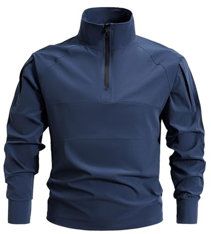 Modeewel Combat Shirt Men's Tactical Shirt Slim Fit T-Shirt Functional Shirt with 1/4 Zip Quick Dry Sweatshirts Training Shirts Trident Battle Top Military Army Combat Long Sleeve Shirt, blue, M