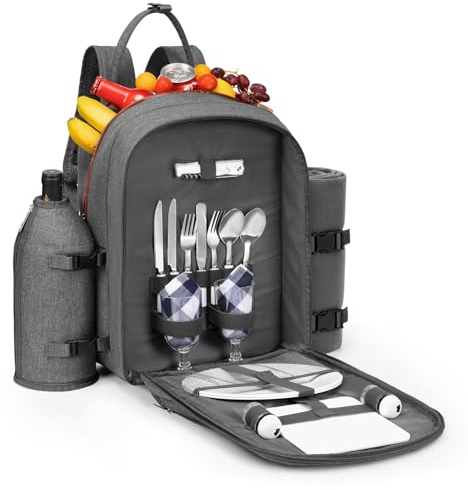 apollo walker picknickryggsäck 4 personer picknickset (set och täcke) termoväska kylväskor för camping, strand, vandring grå
