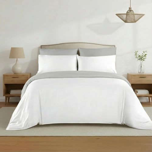 H HANSEL HOME Funda Nórdica Bicolor Cama 135 – 4 Piezas – 100% Microfibra Suave y Transpirable – Funda Edredón 220x220 cm, Bajera 135x200+30 cm, 2 Fundas de Almohada 50x70 cm - Blanco - Gris Claro