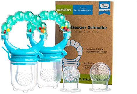 Baby Fruchtsauger Schnuller für Obst und Gemüse - Aus Premium Silikon zu 100% BPA-frei - Fruchtschnuller Set (Blau)