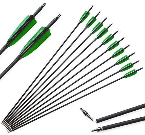 SHARROW 12 Stücke Carbonpfeile 30 Zoll Bogenpfeile mit Naturfedern Jagd Pfeile für Bogen 500 Spine mit Pfeilköcher für Recurvebogen Compound Bogen (Typ 1)