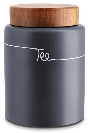 KHG Tee Vorratsdose luftdicht Keramik Steingut poliert, Tee Aufbewahrung Anthrazit Grau Holz-Deckel Bambus, Teedose rund, Kapazität 1 Liter