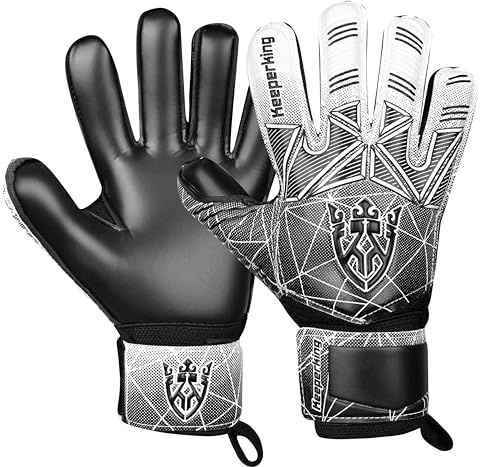 Keeperking - Guanti da portiere per adulti, bambini e adolescenti, con e senza protezione per le dita rimovibile, da 4 mm, unisex, (Nero, 8)
