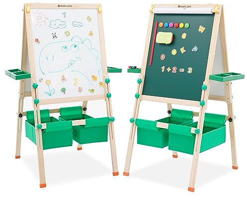 Lavagna Bambini con Cavalletto, Cavalletto in Legno Regolabile in Altezza per Bambini, Lavagna per Bambini a Doppia Faccia con Ripiano Portaoggetti, Rotolo di Carta, Piegabilità