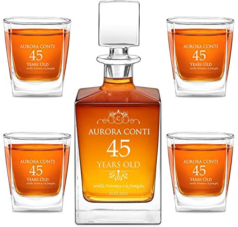 Maverton set Decanter da whisky con 4/6 bicchieri - incisione personalizzata - Caraffa vetro con tappo 810 ml - Bottiglia per whisky - pensiero originale donna - per compleanno - Auguri
