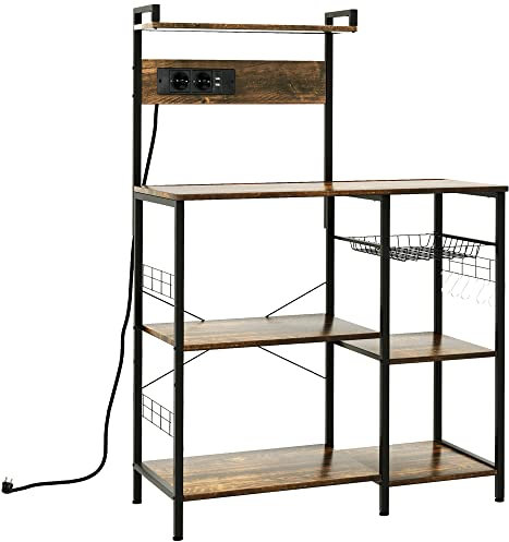 HOMCOM Estantería de Cocina Industrial Estante de Cocina con Toma de Corriente Estantes Ajustables Ganchos y Cesta Metálica 90x42x130 cm Marrón Rústico