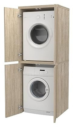 VE.CA Meuble lave-linge, sèche-linge, meuble buanderie avec portes, couleur chêne vintage, en bois, rectangulaire, colonne lave-linge et sèche-linge, fabriqué en Italie