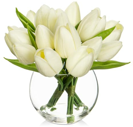 Oairse 14 piccoli fiori artificiali in vaso, veri al tatto, tulipani finti in vaso di vetro cubo, con acqua sintetica, mini bouquet di tulipani bianchi, per casa, matrimonio, centrotavola, decorazione
