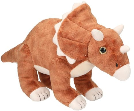 Depesche 12684 Dino World - Kuscheltier Dinosaurier Triceratops mit braunem Fell und Glitzeraugen, ca. 36 cm großer Plüschdino