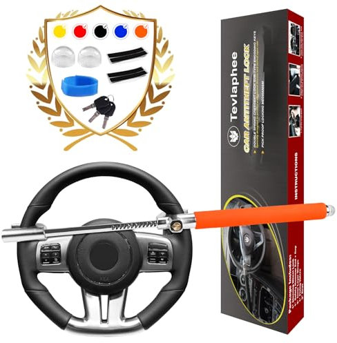 Tevlaphee Antirrobo Coche, Bloqueo Volante Coche, Bloqueo Antirrobo de Vehículo, Universal, Ajustable con 3 Llaves (Naranja)