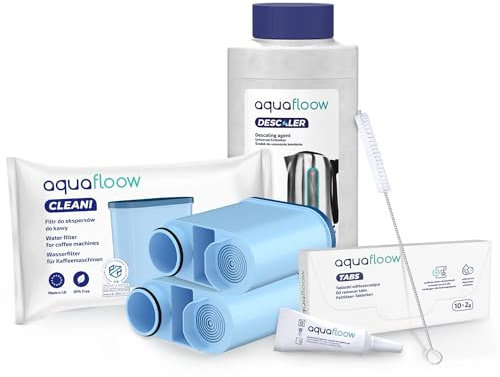 Aquafloow Kit d'Entretien pour Machine à Espresso Philips, Saeco | 2x Filtres à Eau de Rechange AquaClean, Pastilles de Nettoyage 10x2g, Détartrant 250ml, Brosse de Nettoyage, Graisse