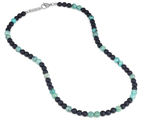 GAVU Collana Uomo Pietre con Perle Nere di Onice Opaco e Turchese Africano, Collana di Perline di Pietre Dure da Uomo 50cm