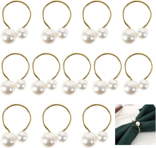 Minnhua 12PCS Anelli per Tovaglioli di Perle Portatovaglioli con Perline Fibbia Tovagliolo D'oro per Decorazione da Tavolo Feste Natale San Valentino Matrimonio Compleanno