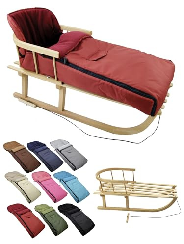 Kombi-erbjudande [träsläde universell vinteråkpåse 108 cm] kälke med ryggstöd och dragrep, fotsäck, lämplig för babystol, barnvagn, buggy med termofleece (bordeaux)