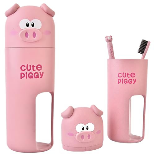 Porte-Brosse à Dents de Voyage Étui à Brosse à Dents pour enfants,Portable Gobelet à brosse à dents 2 en 1 en forme de Cochon,antibactérien,étui à Brosse à Dents pour Voyage,Famille,Camping,école,Rose