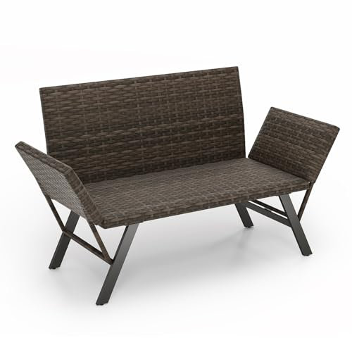 LIFEZEAL Polyrattan Gartensofa, 2 Sitzer Gartenbank mit Schaumstoffpolsterung & verstellbaren Armlehnen, Loungesofa Gartenliege bis zu 300 kg, Gartenmöbel für Pool, Terrasse und Hinterhof
