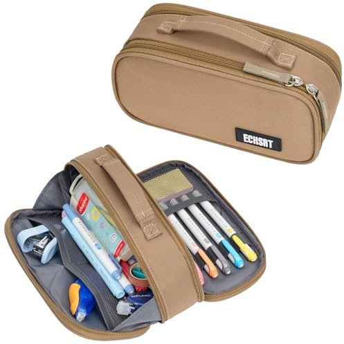 ECHSRT Tactical Pencil Case for Boy, Extra Large Capacity Camo Pencil Pouch for Men Adults, 3 Compartment Zipper Pen Case, Small Tool Bag Organizer for School Office Travel - Brown