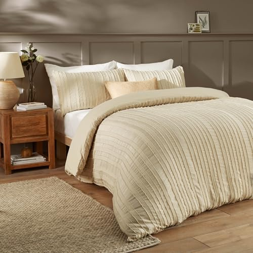 Duvet Day Harrison Stripe Duvet Cover Set – Minimal Tufted Design with Soft-Touch Fabric and Easy-Care Finish (Linen - King)