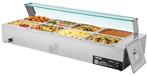VEVOR Chauffe-Plat Électrique à Vapeur 1700 W, Buffet Chauffant en INOX, Bain-Marie avec 8 Bacs de 1/2, Couvercle en Verre et Louches à Soupe et Perforées, pour Servir Buffet en Libre-Service