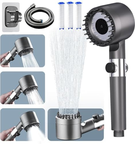 Pommeau Douche Anti Calcaire Haute Pression, Pommeau de douche avec Filtre Economie Deau, 3+1 Types de Jets Douchette Douche Salle de Bain avec Bouton D'arrêt D'eau,avec Tuyau1.5M et Support,Gris