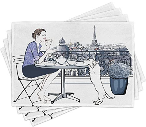 ABAKUHAUS Urbano Tovaglietta Americana Set di 4, Donna la Prima Colazione Paris, Tovagliette in Tessuto Lavabile per Tavolo da Pranzo Cena, Indigo Viola Blu Bianco