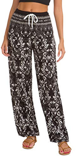 EXCHIC Damen Sommer Elastische Taille Boho Haram Hose Beilaufig Strand Hippie Hose Yoga mit Taschen (M, 21)