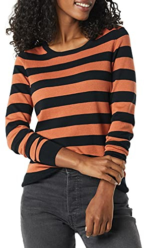 Amazon Essentials Maglione Girocollo Leggero A Maniche Lunghe (Taglie Forti Disponibili) Donna, Nero Caramello Righe da Rugby, M
