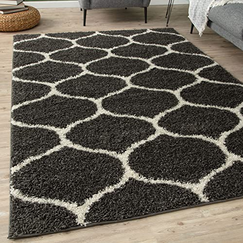 THE RUGS Shaggy Rug – Modern Moroccan Design Rugs for Living Room, Bedroom, Hallway, 3 cm Thick Area Rugs, (Trellis Dark Grey/Ivory, 200x290cm)